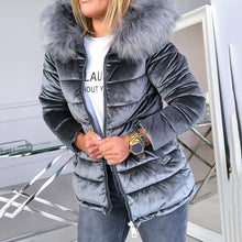 Load image into Gallery viewer, Winter Velvet Jacket Coat Women Cotton Padded Jackets Gray Pink Plus Size 4XL Hood Fur Collar Thick Fashion Basic Snow Outerwear