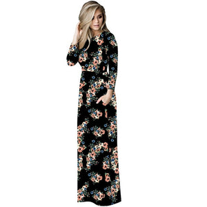 Echoine Casual Bohemian Dress Women Floral Print O-Neck Long Sleeve Loose Pocket Graceful Floor Length Female Holiday Outerwear