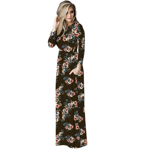 Echoine Casual Bohemian Dress Women Floral Print O-Neck Long Sleeve Loose Pocket Graceful Floor Length Female Holiday Outerwear