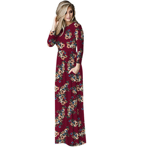 Echoine Casual Bohemian Dress Women Floral Print O-Neck Long Sleeve Loose Pocket Graceful Floor Length Female Holiday Outerwear