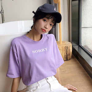 Summer Korean casual loose purple T-shirt women's letter T-shirt printing T-shirt women's shirt short sleeve   -A54