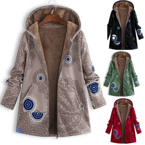 Women Winter Coat Parkas Casual Floral Print Hooded Zipper Cotton Warm Coat Vintage Pocket Loose Thick Plus Size Female Outwear