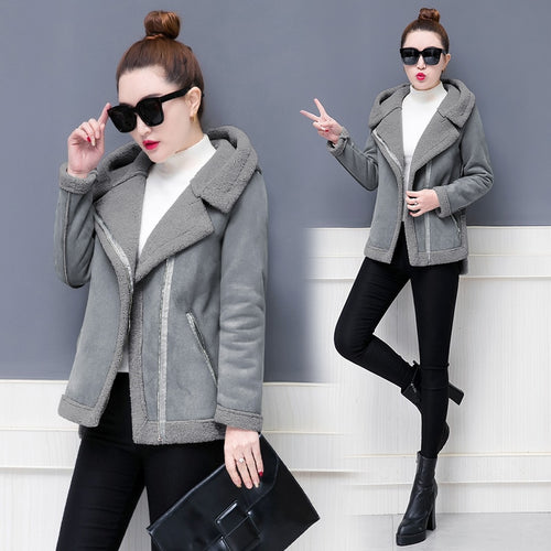 2017 winter casual coat women's new short Korean fashion cotton-padded outfit deerskin overcoat trench outfit with hood