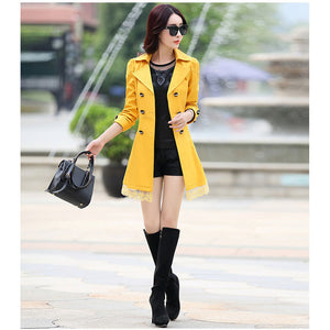 Women Windbreaker Spring Fashion Suit Collar Double-Breasted Belt Stitching Lace Side Slim Coat Female Autumn Wild Windbreaker