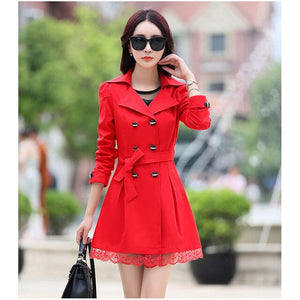 Women Windbreaker Spring Fashion Suit Collar Double-Breasted Belt Stitching Lace Side Slim Coat Female Autumn Wild Windbreaker