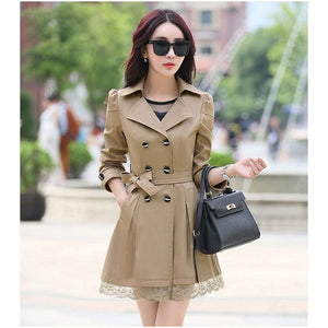 Women Windbreaker Spring Fashion Suit Collar Double-Breasted Belt Stitching Lace Side Slim Coat Female Autumn Wild Windbreaker