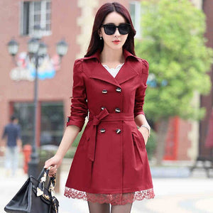 Women Windbreaker Spring Fashion Suit Collar Double-Breasted Belt Stitching Lace Side Slim Coat Female Autumn Wild Windbreaker