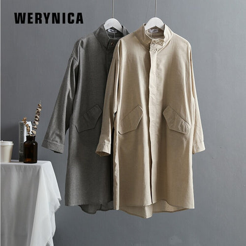 Werynica Elegant Long Women's Coat Lapel 2 Pockets Belted Fashion Cotton Linen Vintage Jacket Solid Color Coats Female Outerwear