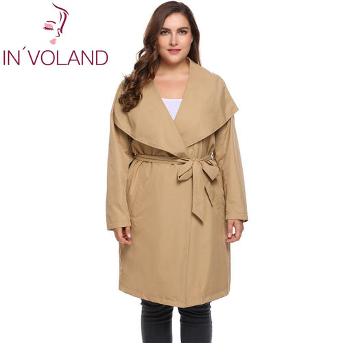 IN'VOLAND Women's Coats Plus Size XL-5XL Fashion Autumn Winter Long Sleeve Solid Color Female Trench Coat with Belt Outwear Tops