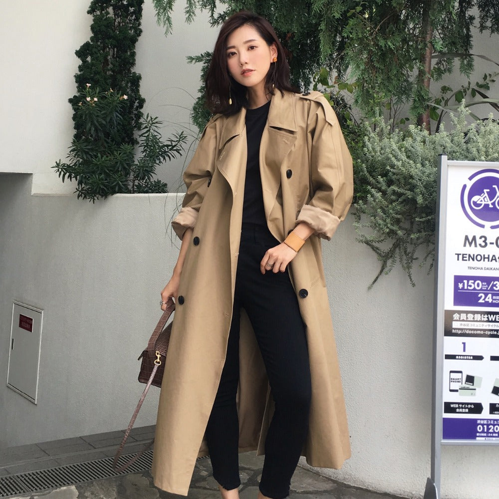 khaki Trench Coat Casual women's long Outerwear loose clothes for lady with belt spring autumn fashion high quality army green