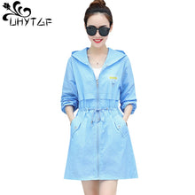 Load image into Gallery viewer, UHYTGF Fashion loose plus size tops coats Hooded thin summer Sun protection clothing Medium-long student Slim Women&#39;s coats 1431