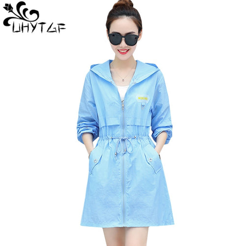 UHYTGF Fashion loose plus size tops coats Hooded thin summer Sun protection clothing Medium-long student Slim Women's coats 1431