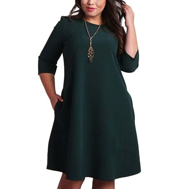 L-6XL Big Size Dresses Office Ladies Plus Size Casual Loose Autumn Dress Pockets Green Red Fashion Dress Vestidos Women Clothes