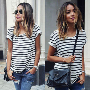 NEW Fashion Women Ladies Casual Short Sleeve Loose Summer  Striped T-shirt Tops S XL