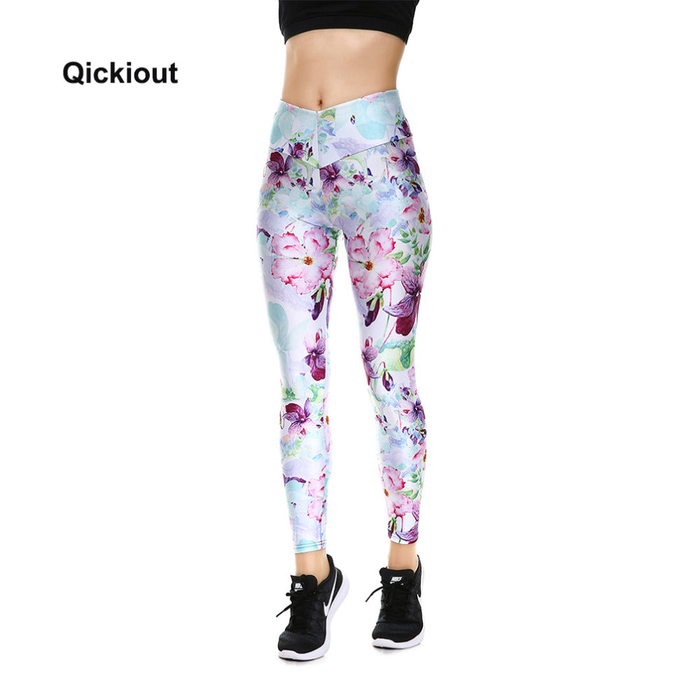 Qickitout Pants 2017 New Arrival Sexy Women's Digital Print Leggings Elegant Snow Lotus Flower Big Hip High Waist Pants Fitness