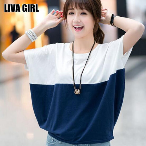 Liva Girl Summer Comfortable Women Loose Bat Sleeve Shirt Casual Tops Tees Patchwork O-Neck T-Shirts Chemise Ladies Size M-2XL