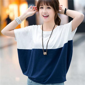 Liva Girl Summer Comfortable Women Loose Bat Sleeve Shirt Casual Tops Tees Patchwork O-Neck T-Shirts Chemise Ladies Size M-2XL