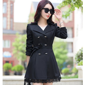 2018 fashion female spring slim trench coat / women's lace lap style solid colour  double breasted long coat / size M-XXXL