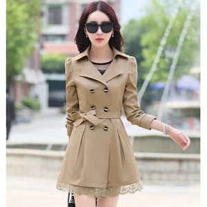 2018 fashion female spring slim trench coat / women's lace lap style solid colour  double breasted long coat / size M-XXXL