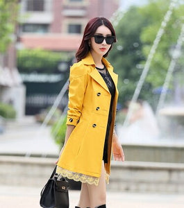 2018 fashion female spring slim trench coat / women's lace lap style solid colour  double breasted long coat / size M-XXXL