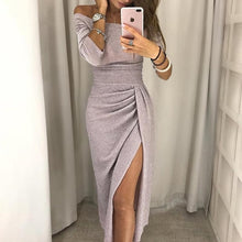 Load image into Gallery viewer, VIEUNSTA Sexy Off Shoulder Party Dress Women High Slit Peplum Bodycon Dress Autumn Three Quarter Sleeve Bright Silk Shiny Dress