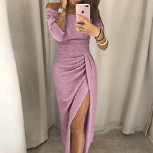 Load image into Gallery viewer, VIEUNSTA Sexy Off Shoulder Party Dress Women High Slit Peplum Bodycon Dress Autumn Three Quarter Sleeve Bright Silk Shiny Dress