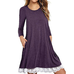 Plus Size dresses O Neck Lace Solid Long Sleeve Loose Mini Dress Women Cotton blend Loose Casual dress vestidos robe dresses #2S