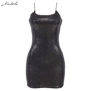 Macheda Sexy Black Bling Bling Sequin women dress Spaghetti Strap sleeveless fashion Slim Party Dresses Casual 2019 Vestidos