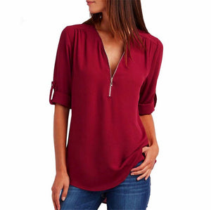 2019 New Spring Summer Fashion Women Tops Casual Street Long Sleeve V-Neck T Shirts Loose Plus Size Zipper Chiffon T Shirts 3XL