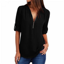 Load image into Gallery viewer, 2019 New Spring Summer Fashion Women Tops Casual Street Long Sleeve V-Neck T Shirts Loose Plus Size Zipper Chiffon T Shirts 3XL