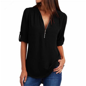 2019 New Spring Summer Fashion Women Tops Casual Street Long Sleeve V-Neck T Shirts Loose Plus Size Zipper Chiffon T Shirts 3XL