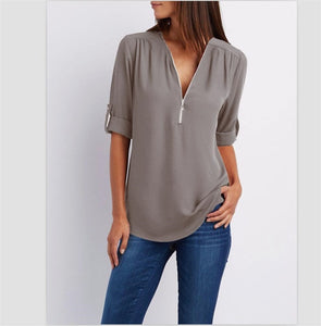 2019 New Spring Summer Fashion Women Tops Casual Street Long Sleeve V-Neck T Shirts Loose Plus Size Zipper Chiffon T Shirts 3XL