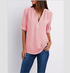 2019 New Spring Summer Fashion Women Tops Casual Street Long Sleeve V-Neck T Shirts Loose Plus Size Zipper Chiffon T Shirts 3XL