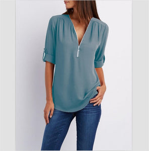 2019 New Spring Summer Fashion Women Tops Casual Street Long Sleeve V-Neck T Shirts Loose Plus Size Zipper Chiffon T Shirts 3XL