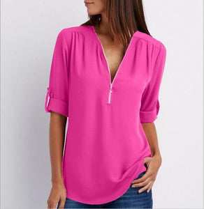 2019 New Spring Summer Fashion Women Tops Casual Street Long Sleeve V-Neck T Shirts Loose Plus Size Zipper Chiffon T Shirts 3XL